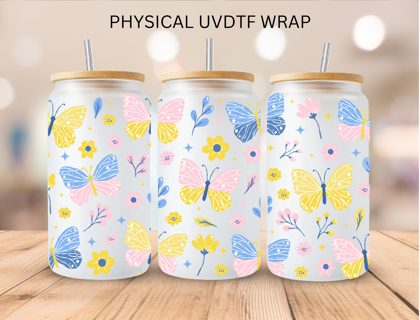 Blue And Yellow Floral Butterflies - 16 oz / 20 oz Libby UV DTF Wrap
