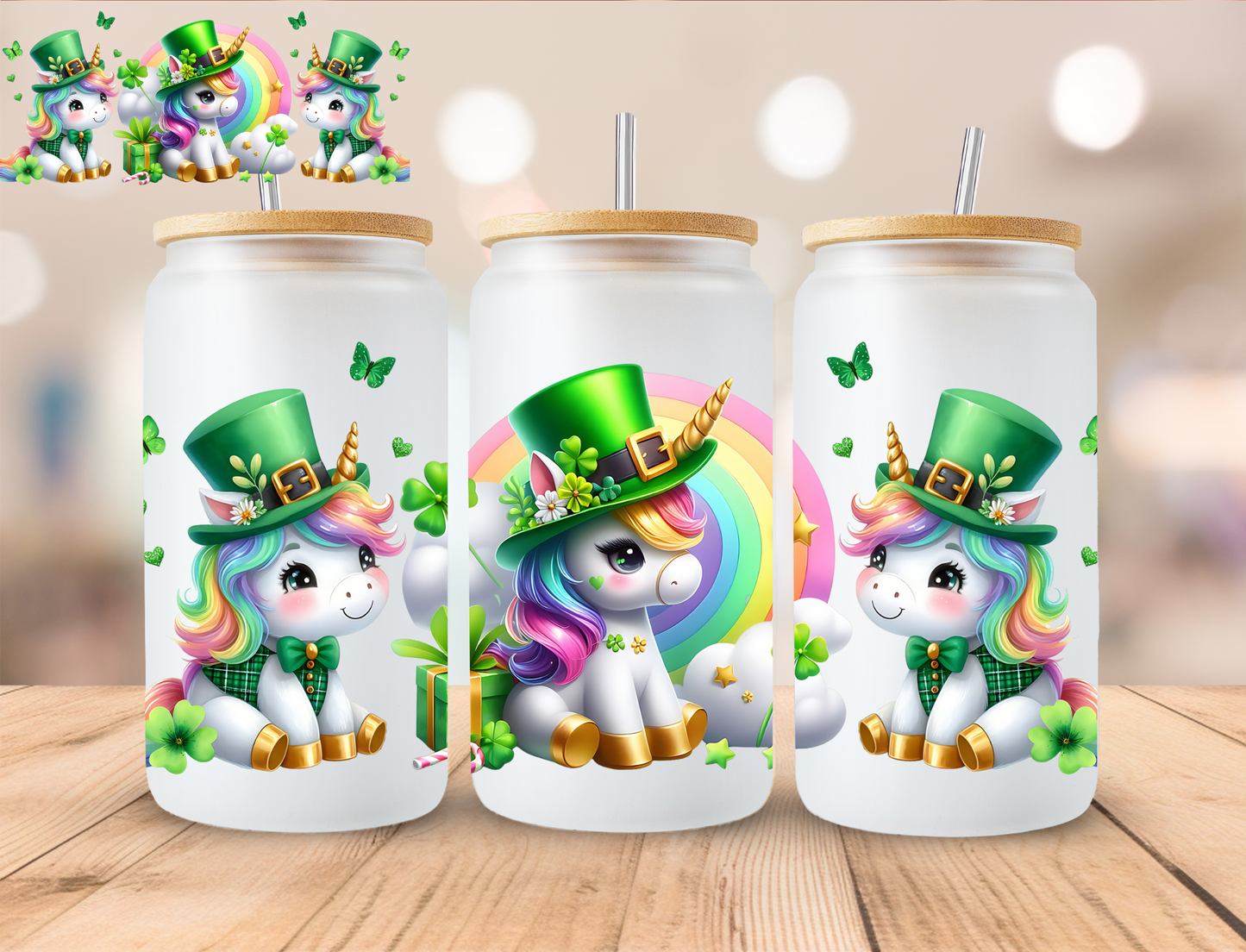St Patty Unicorn - 16 oz / 20 oz Libby UV DTF Wrap
