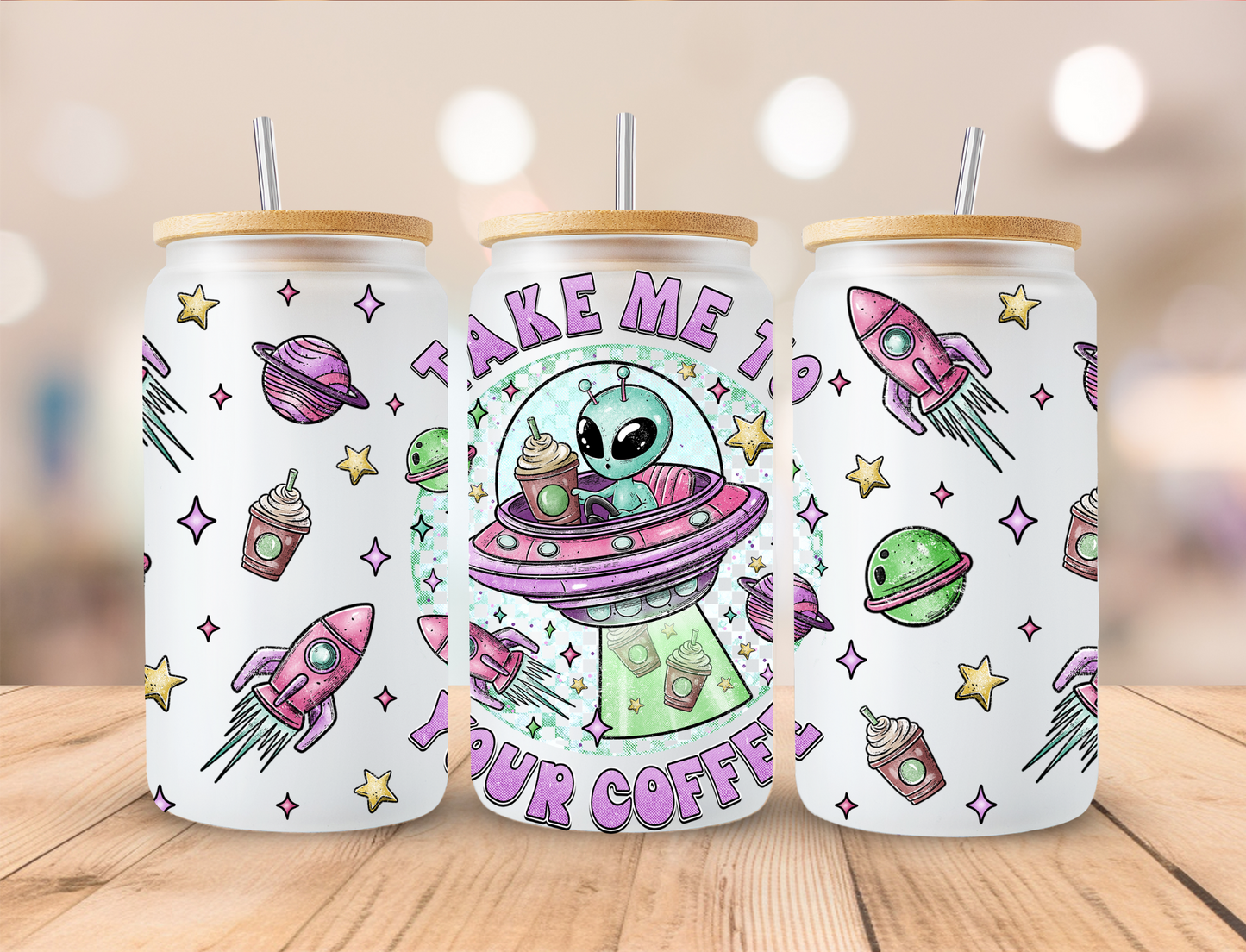 Alien Take Me To Your Coffee - 16 oz / 20 oz Libby UV DTF Wrap