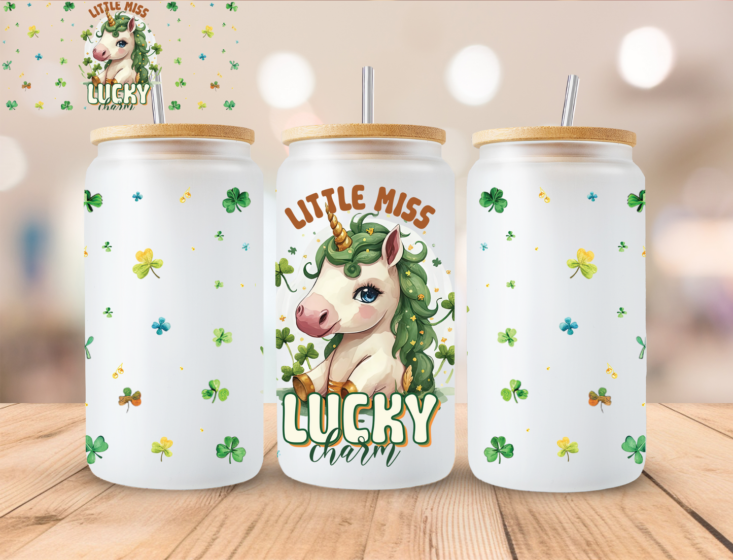 St Patty Lucky Unicorn - 16 oz / 20 oz Libby UV DTF Wrap