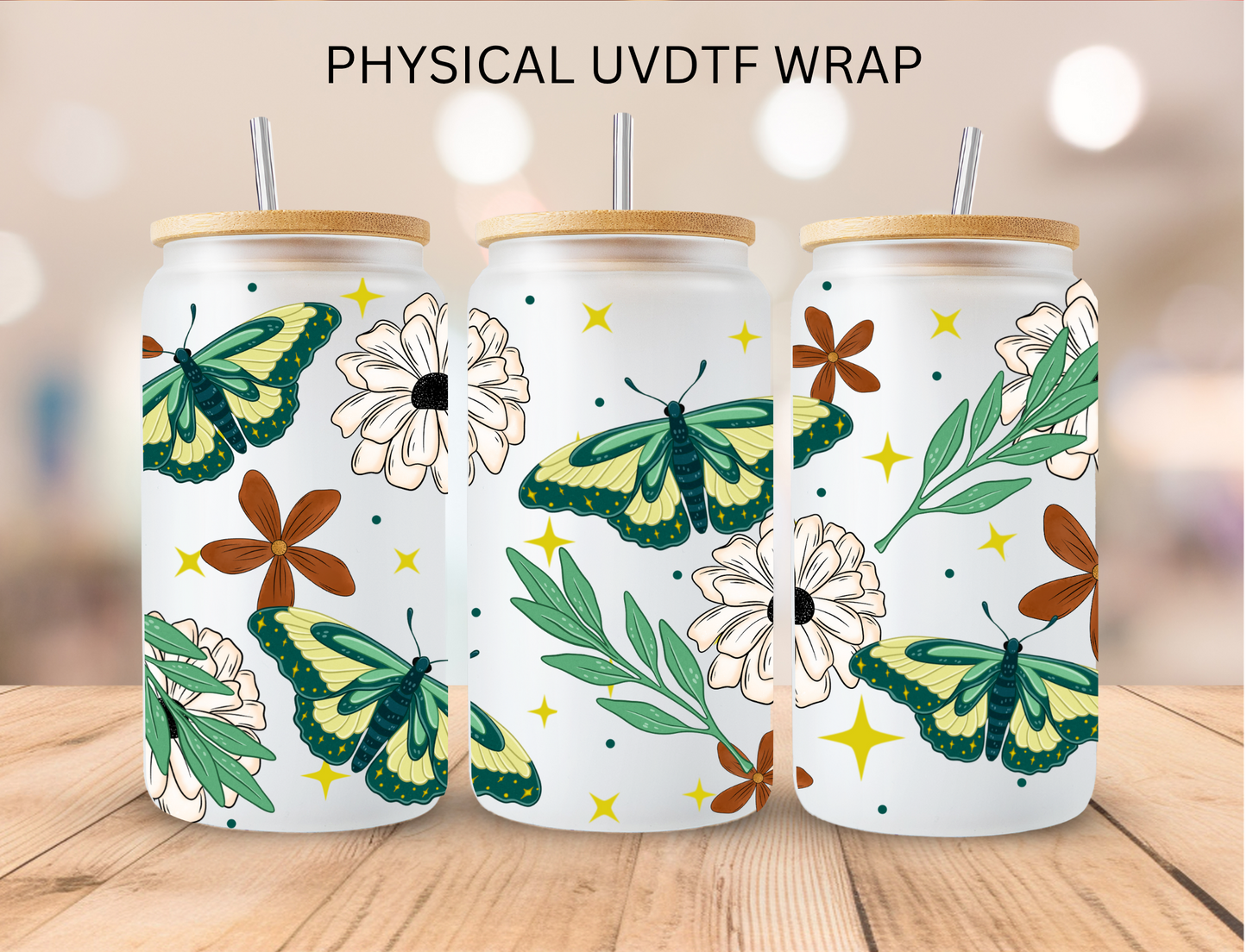 Floral Moths - 16 oz / 20 oz Libby UV DTF Wrap