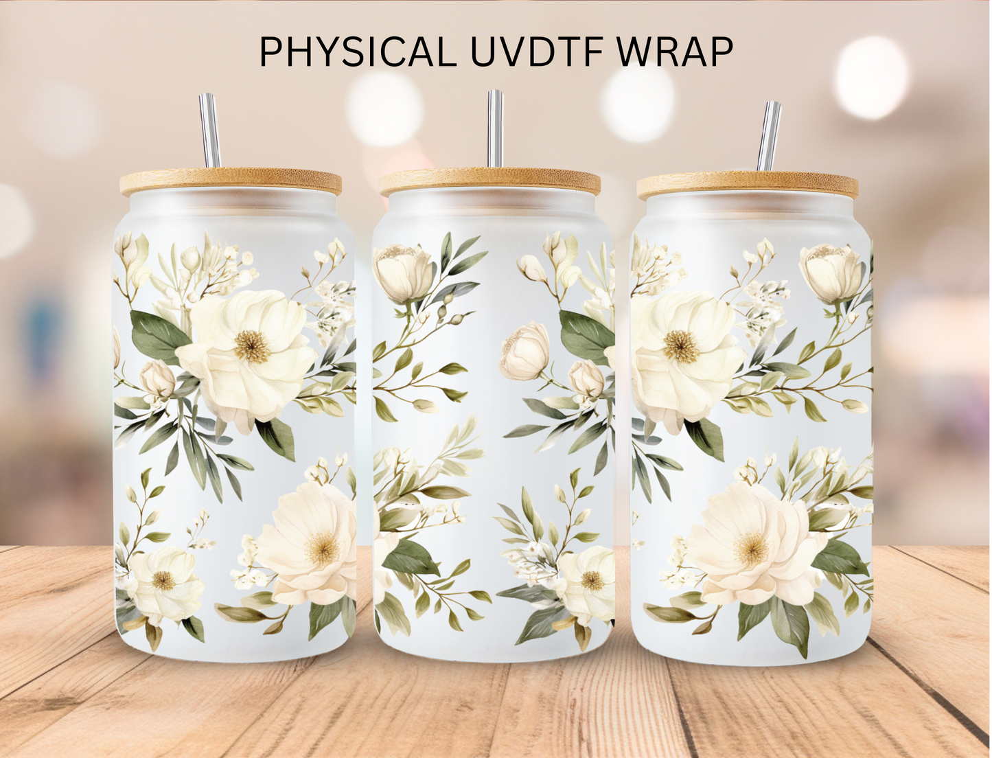 Floral White Flowers - 16 oz / 20 oz Libby UV DTF Wrap