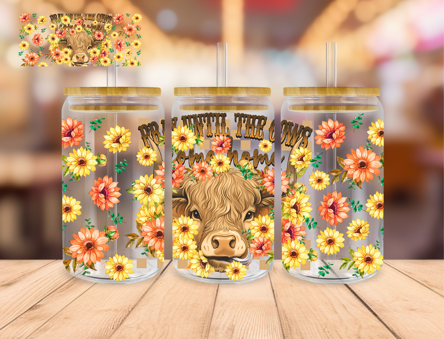 Floral Heifer - 16 oz / 20 oz Libby UV DTF Wrap