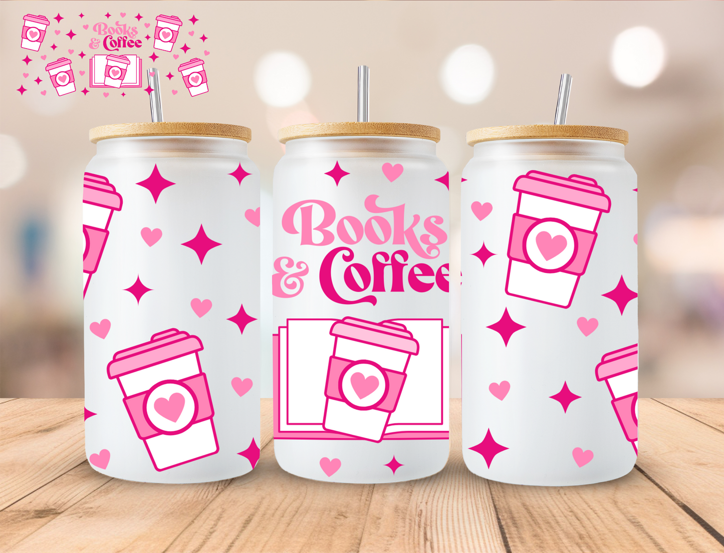 Pink Books and Coffee - 16 oz / 20 oz Libby UV DTF Wrap