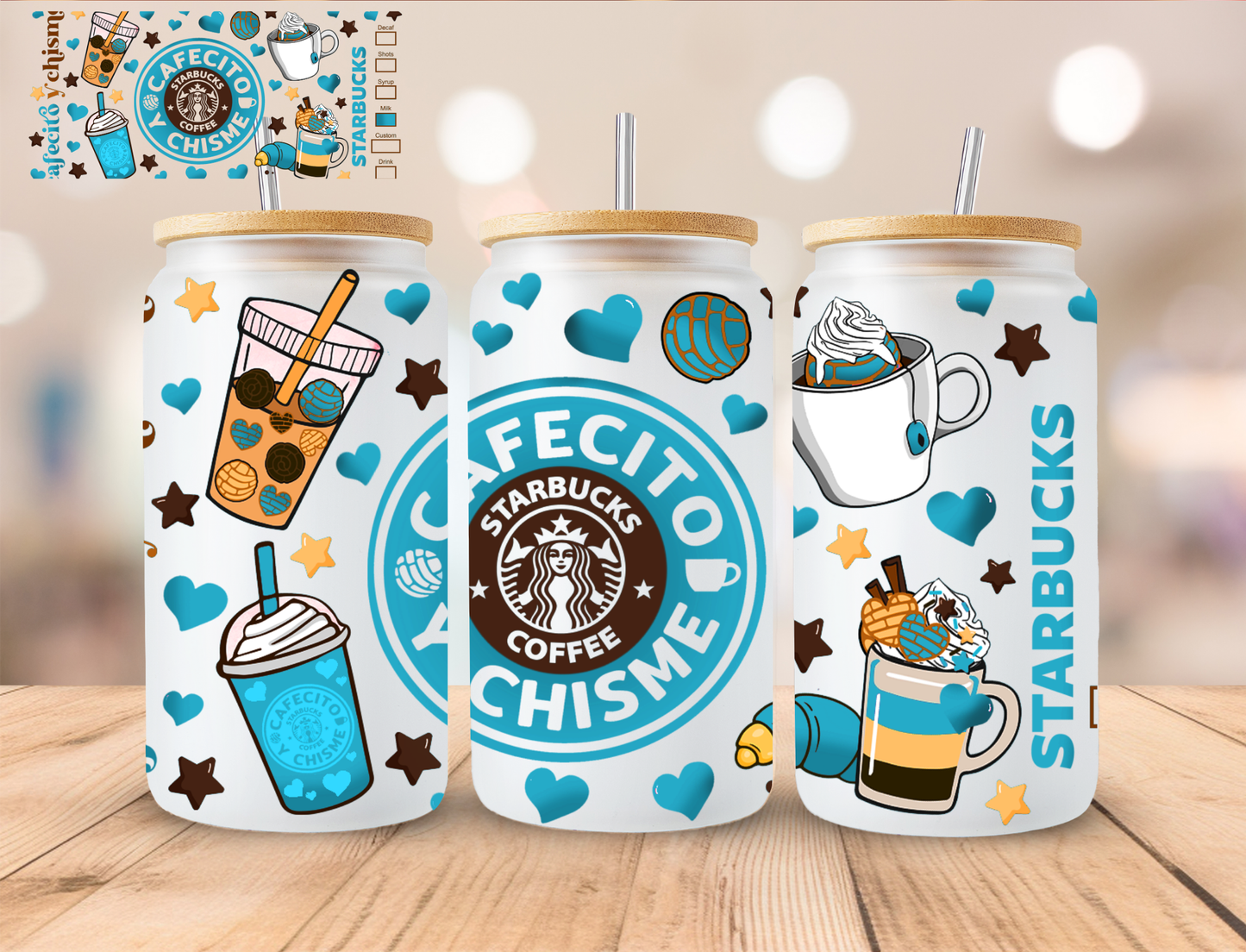 Blue Cafecito Y Chisme - 16 oz / 20 oz Libby UV DTF Wrap