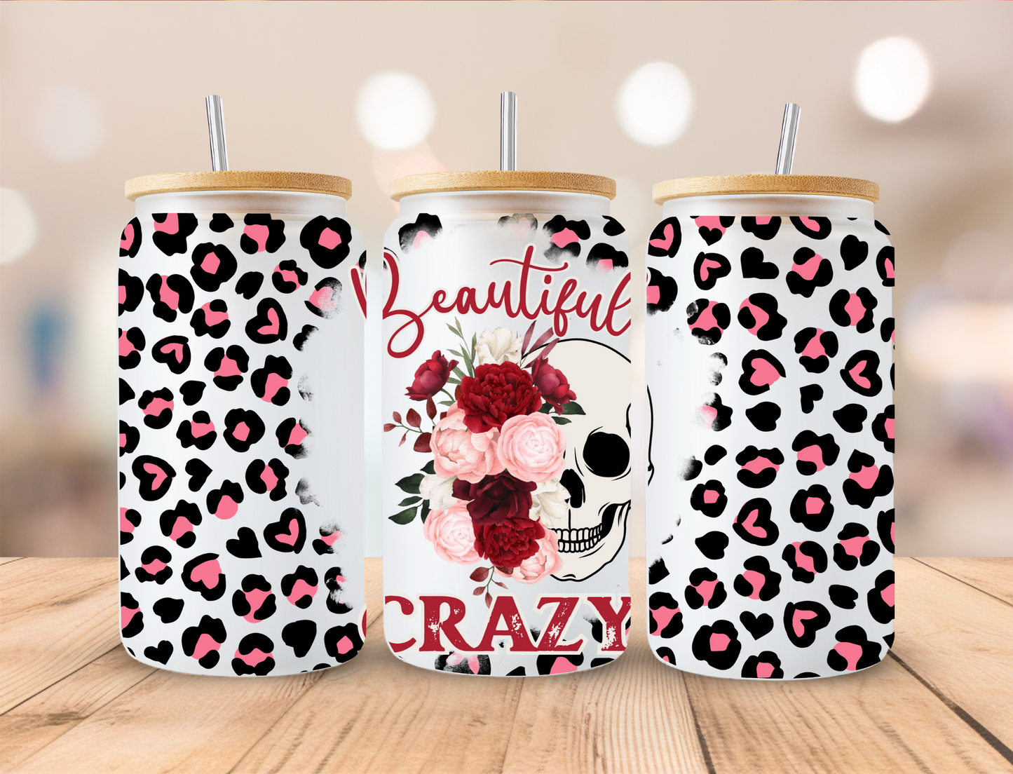 Skull Cheetah Beautifully Crazy - 16 oz Libby UV DTF Wrap