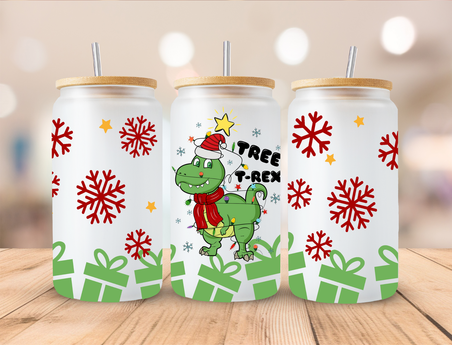 Christmas Dino - 16 oz Libby UV DTF Wrap