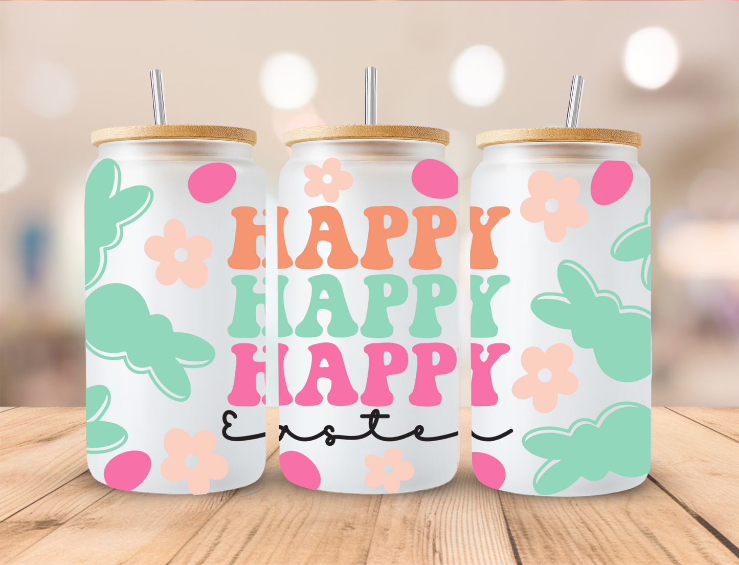 Happy Happy Happy Easter - 16 oz Libby UV DTF Wrap