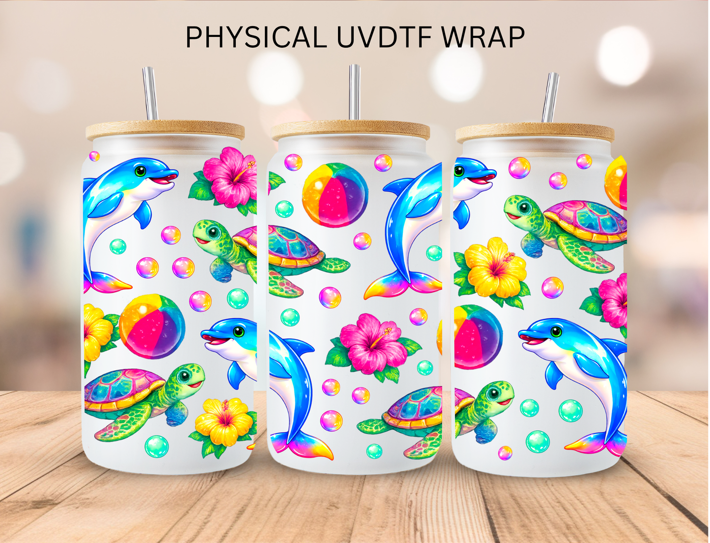 Pastel Dolphin's And Turtles - 16 oz / 20 oz Libby UV DTF Wrap