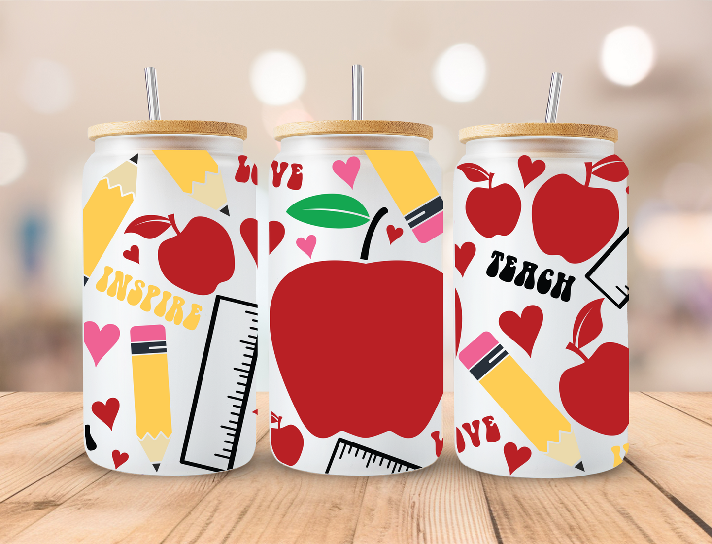 School Apple And Pencils - 16 oz Libby UV DTF Wrap