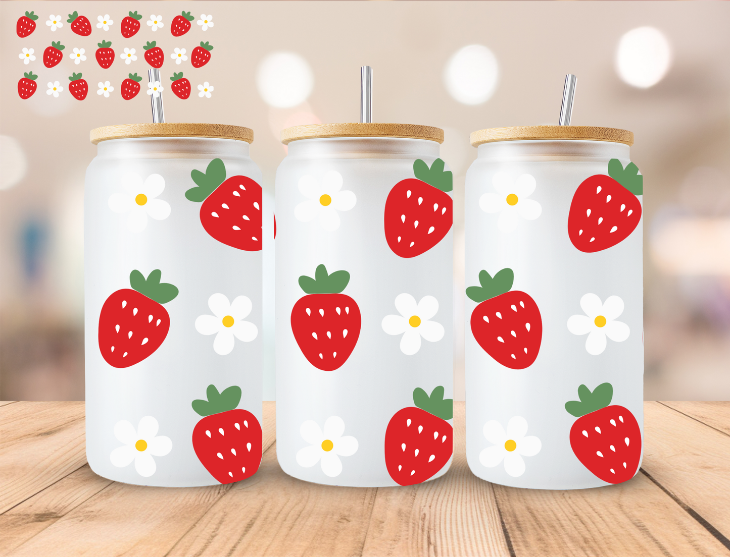 Strawberry And Daisies - 16 oz / 20 oz Libby UV DTF Wrap