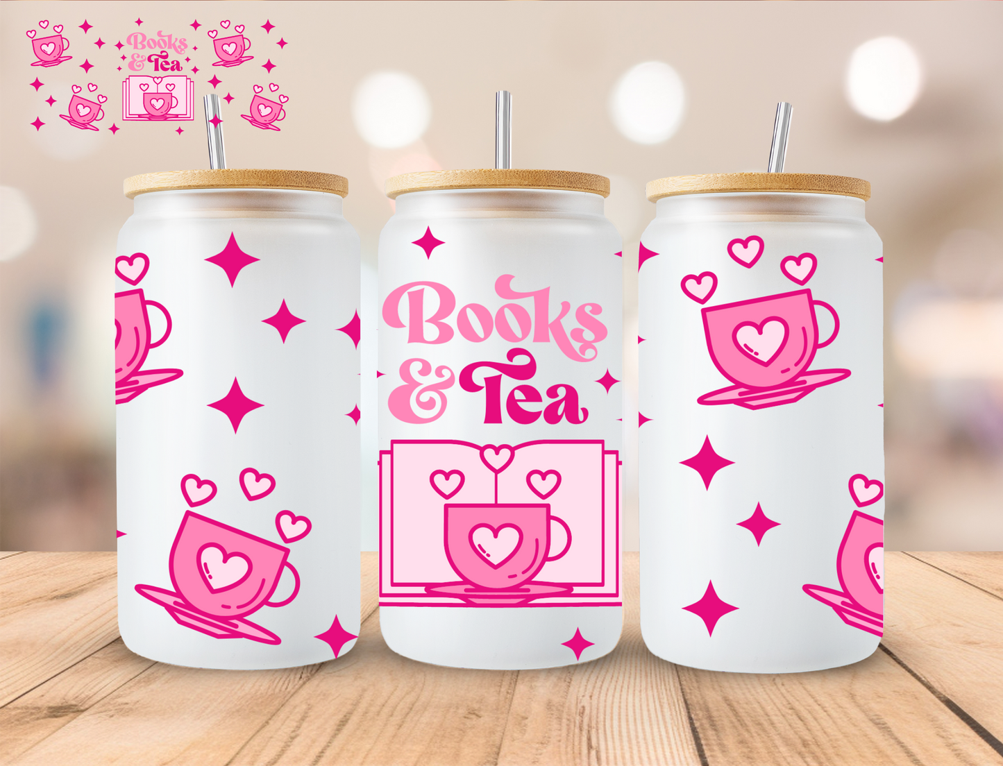 Pink Books & Tea - 16 oz / 20 oz Libby UV DTF Wrap