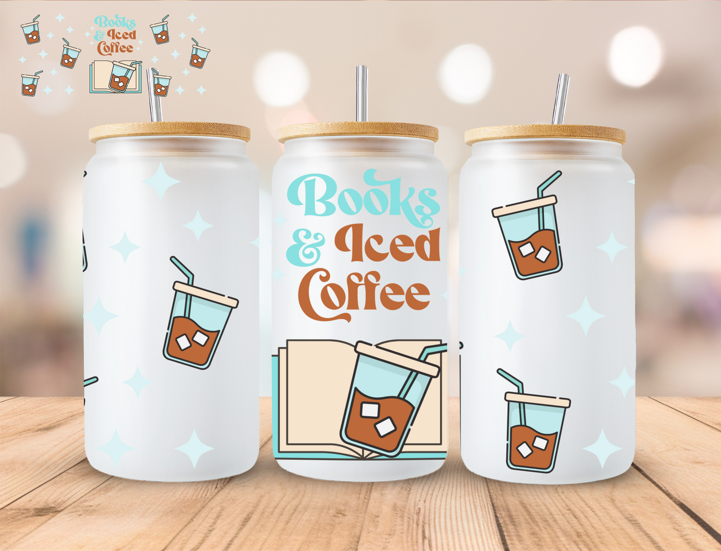 Books & Iced Coffee - 16 oz / 20 oz Libby UV DTF Wrap