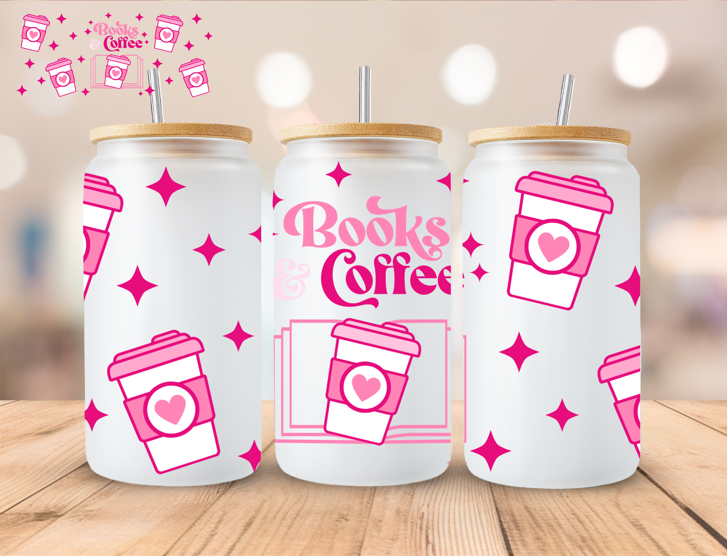 Books & Coffee - 16 oz / 20 oz Libby UV DTF Wrap