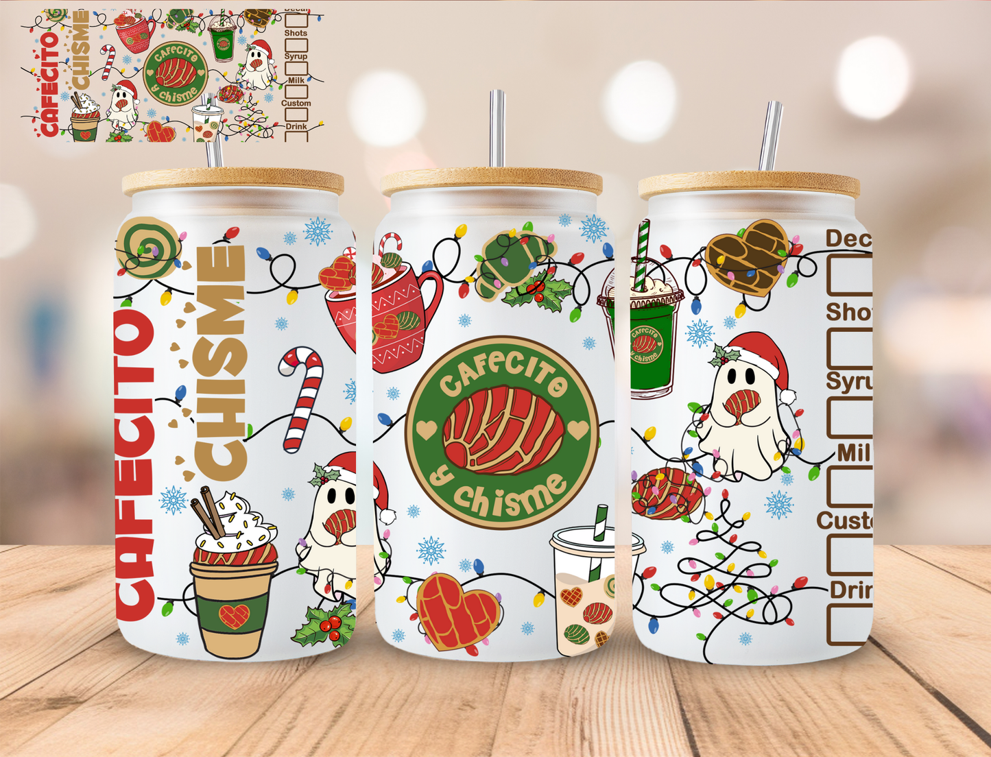 Cafecito Y Chisme Christmas - 16 oz / 20 oz Libby UV DTF Wrap