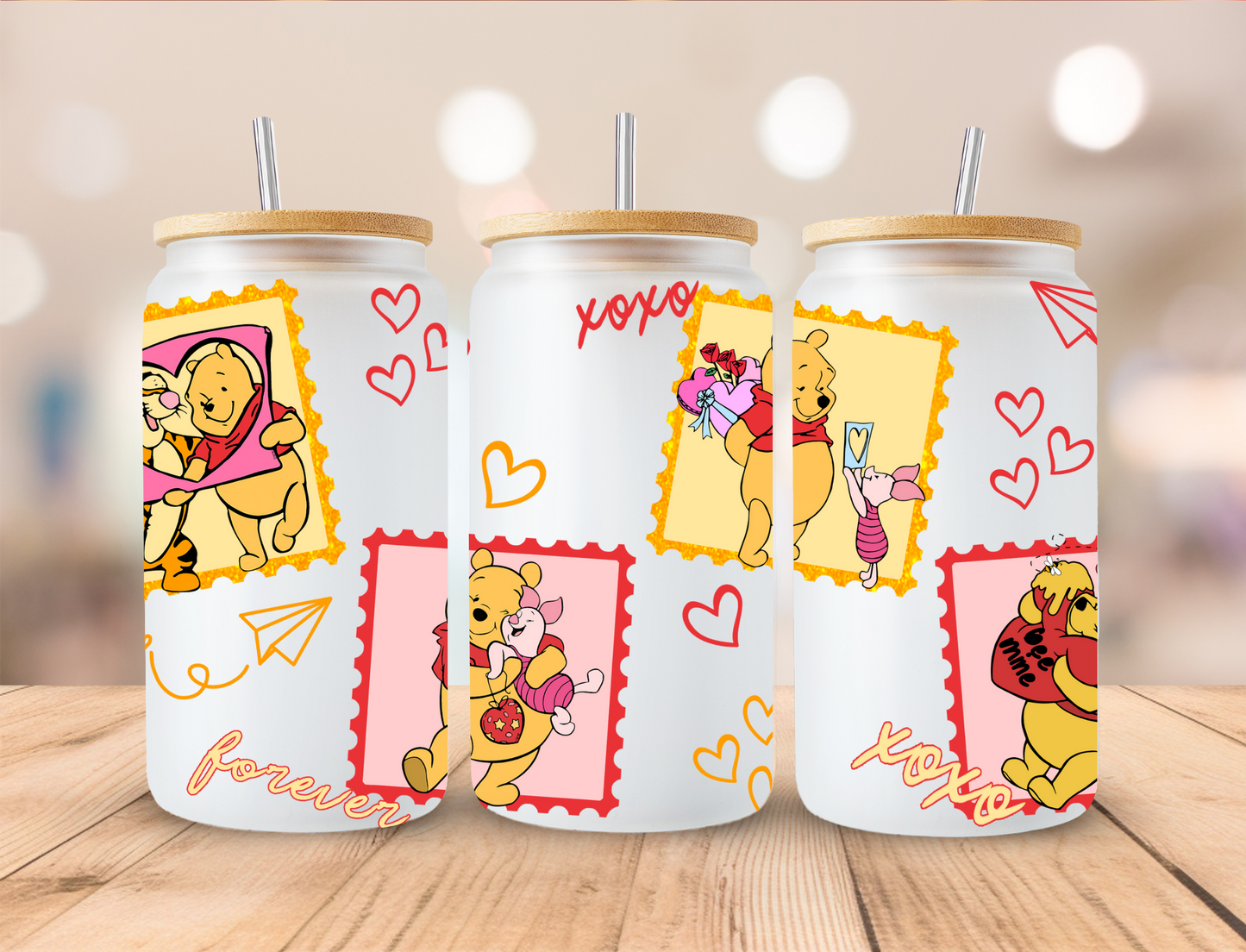 Valentines Stamps Yellow Bear And Friends - 16 oz / 20 oz Libby UV DTF Wrap