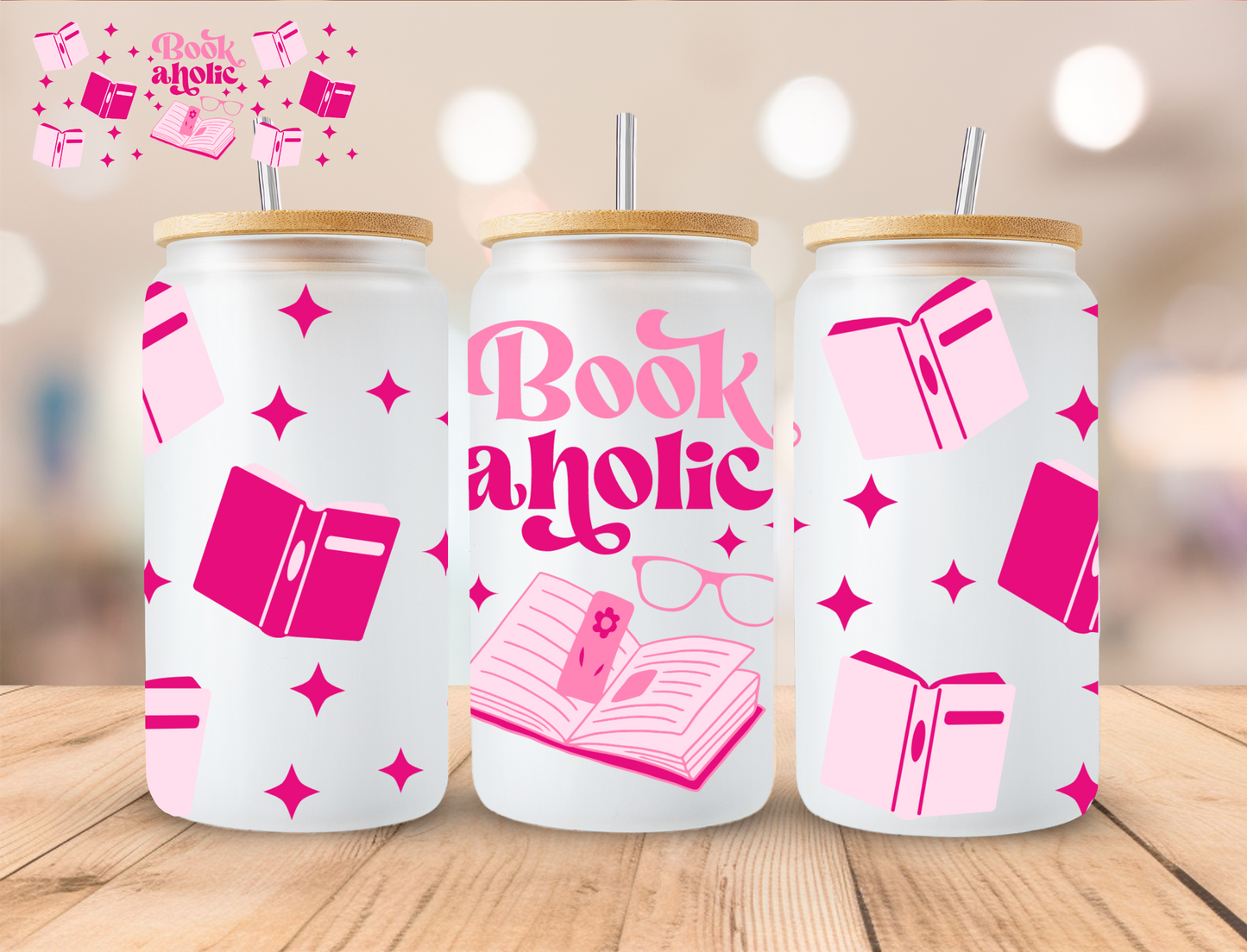 Pink Bookaholic - 16 oz / 20 oz Libby UV DTF Wrap