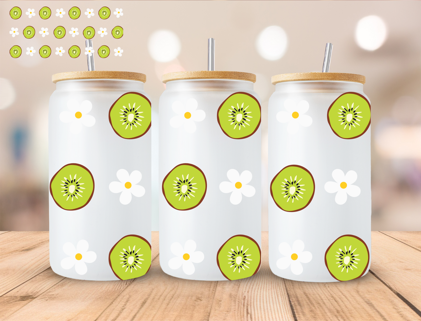 Kiwi And Daisies - 16 oz / 20 oz Libby UV DTF Wrap