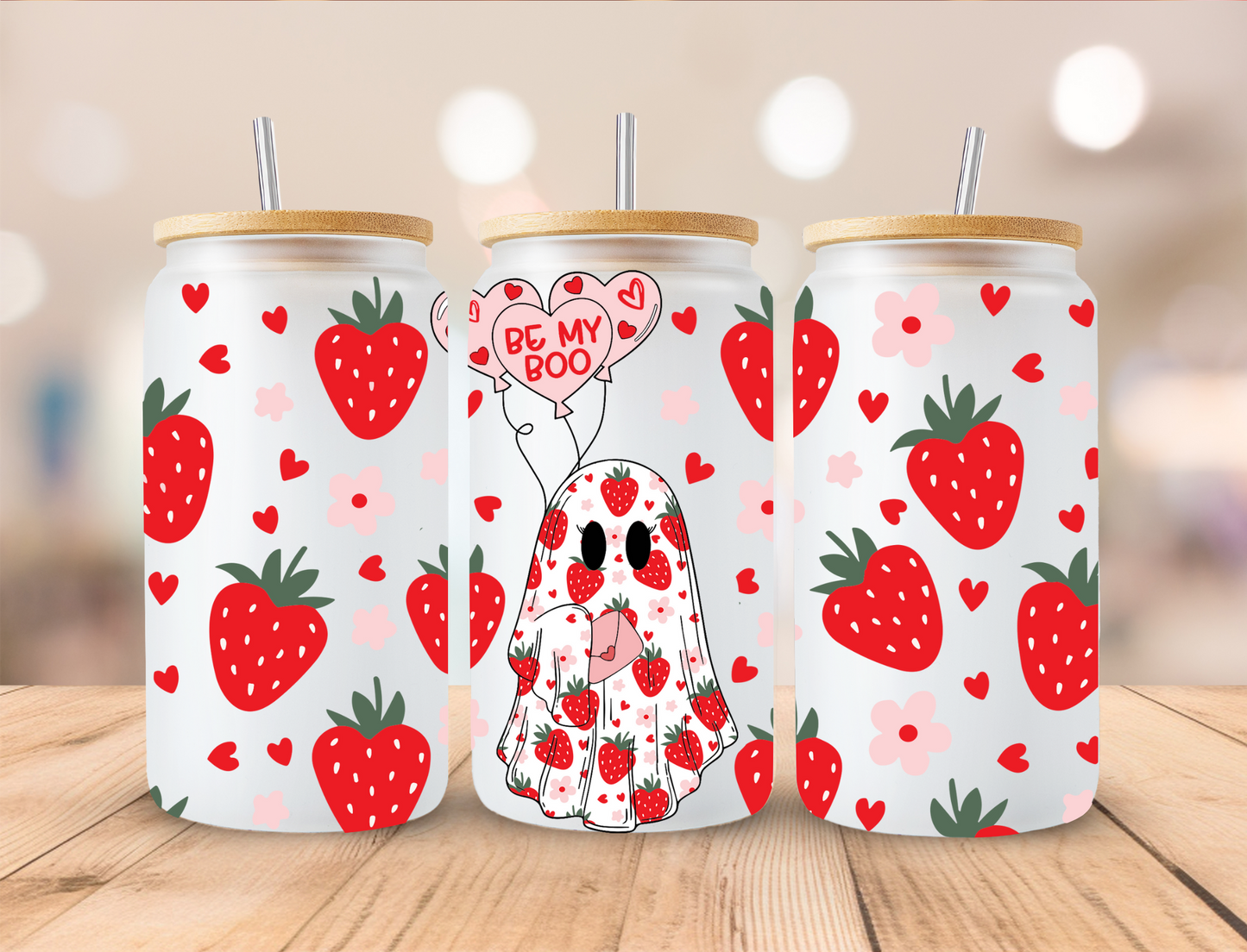 Valentines Strawberry Ghost - 16 oz / 20 oz Libby UV DTF Wrap
