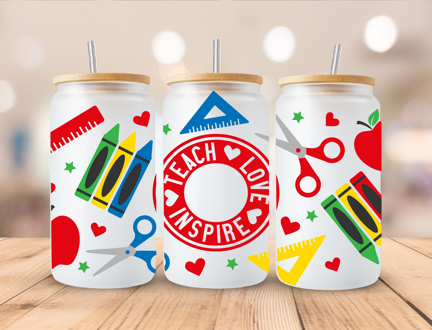 School Teach Love Inspire - 16 oz Libby UV DTF Wrap