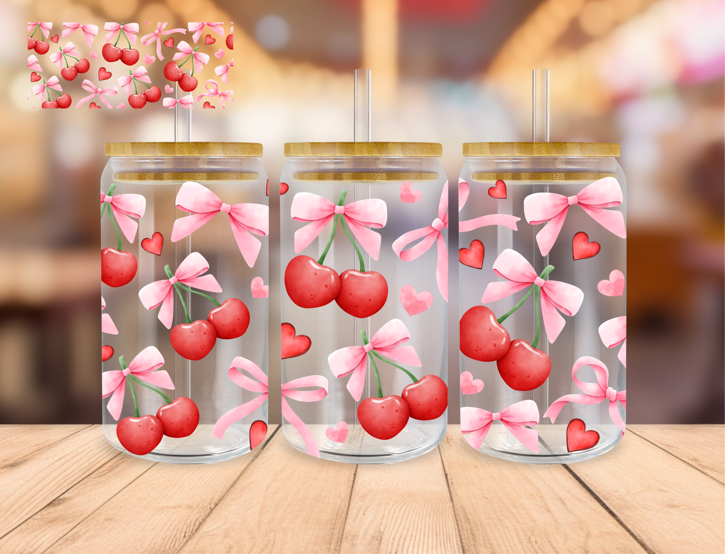 Cherries And Coquette Bows - 16 oz / 20 oz Libby UV DTF Wrap