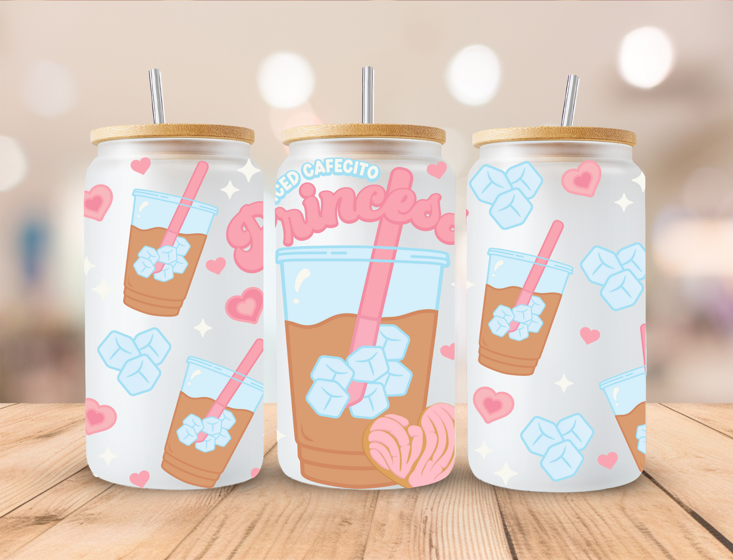 Valentines Iced Cafecito Princess - 16 oz Libby UV DTF Wrap