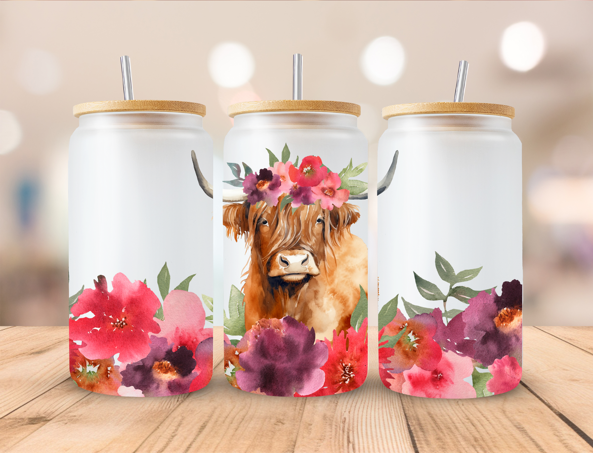 Floral Blooming Cow - 16oz/20oz Libby UV DTF Wrap