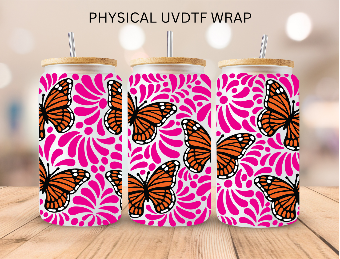 Hot Pink Monarch Butterfly Talavera - 16 oz / 20 oz Libby UV DTF