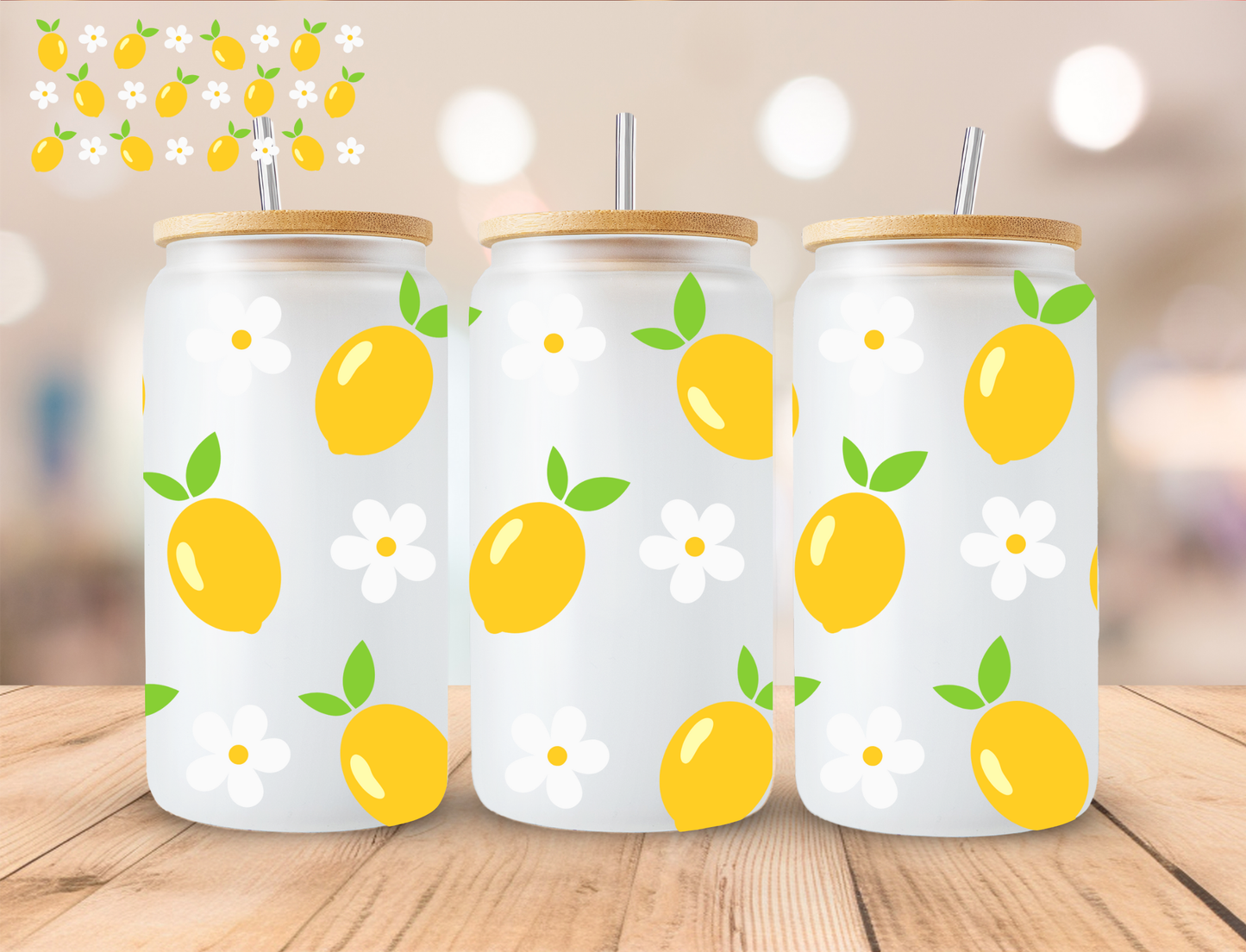 Lemon And Daisies - 16 oz / 20 oz Libby UV DTF Wrap