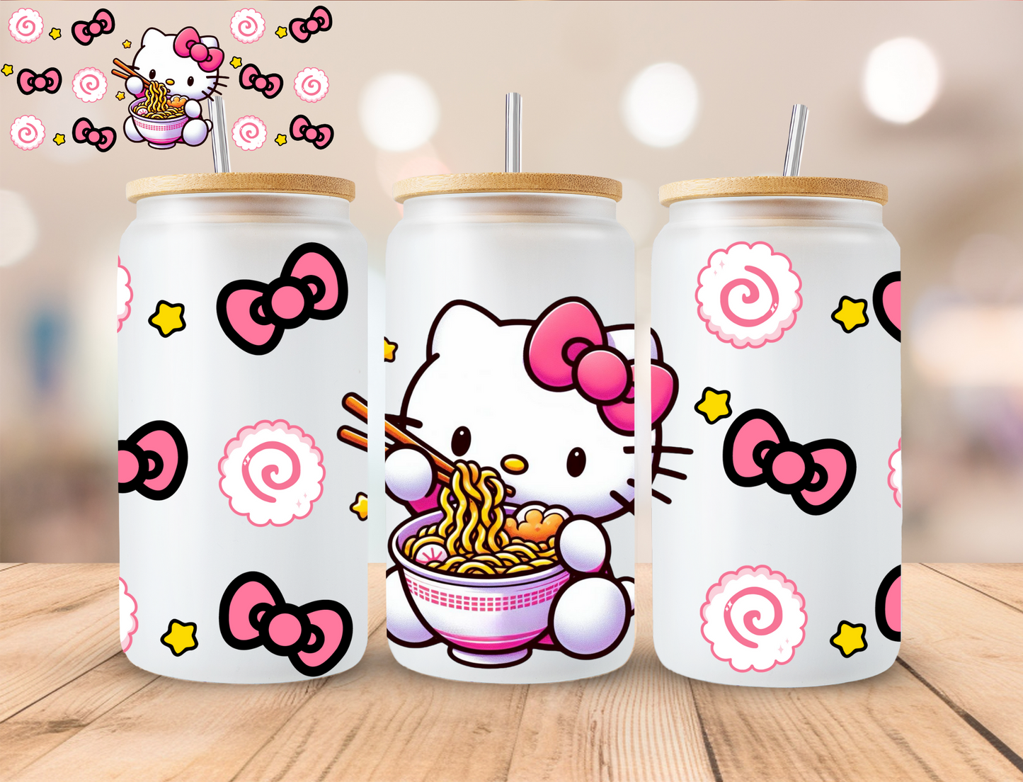 Kawaii Kitty Eating Ramen Noodles - 16 oz / 20 oz Libby UV DTF Wrap