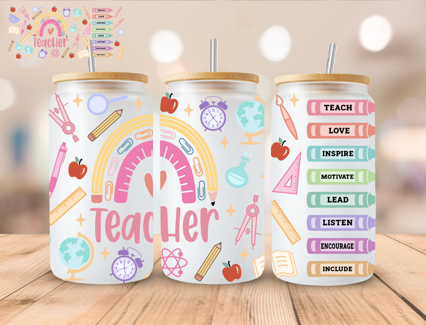 Pastel Teacher - 16 oz / 20 oz Libby UV DTF Wrap