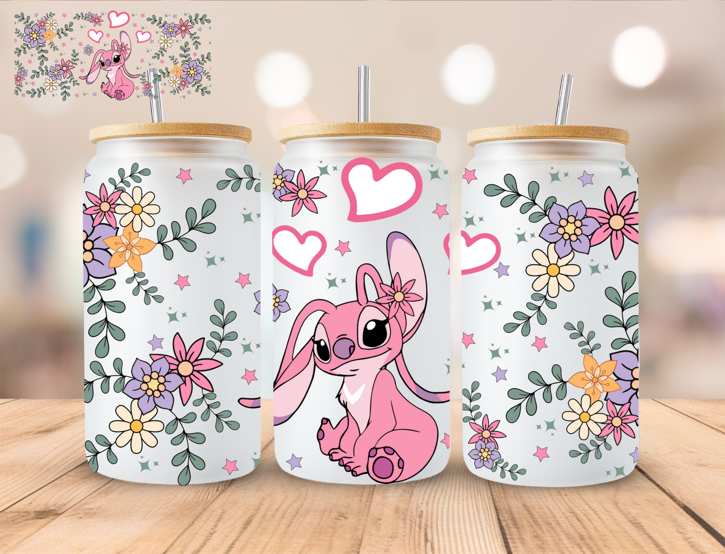 Floral Pink Alien - 16 oz / 20 oz Libby UV DTF Wrap