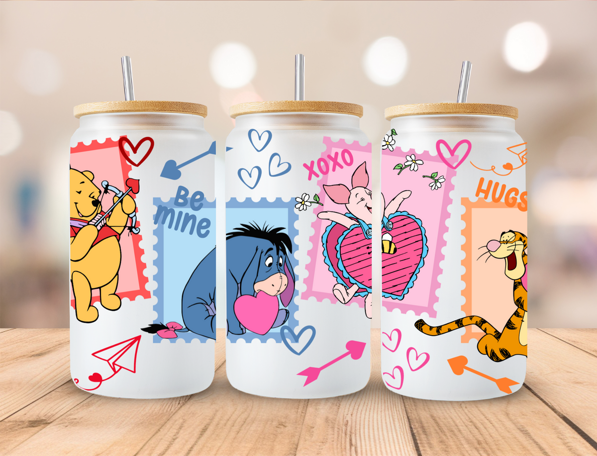 Valentines Yellow Bear and Friends Stamps - 16 oz Libby UV DTF Wrap