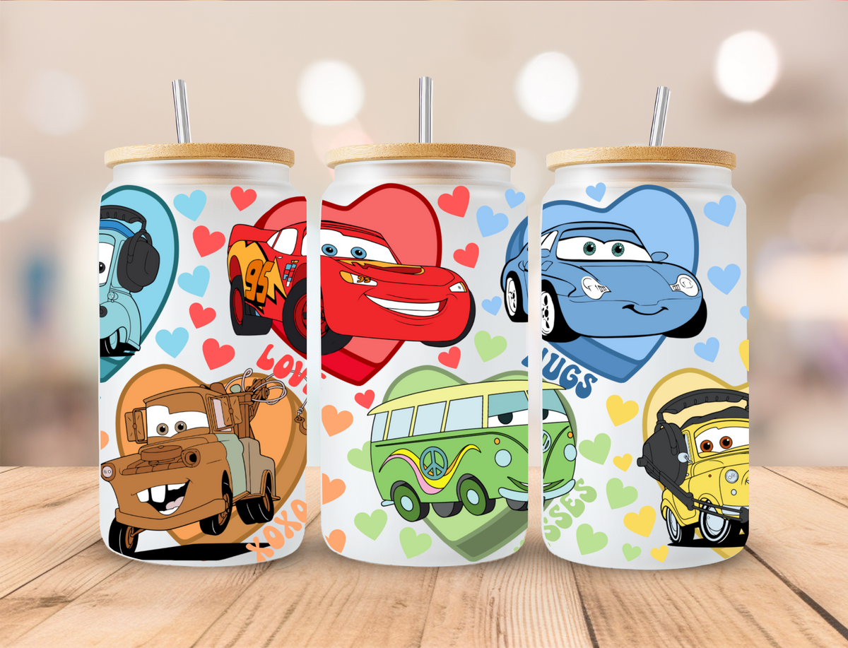 Valentines Heart Cars - 16 oz Libby UV DTF Wrap