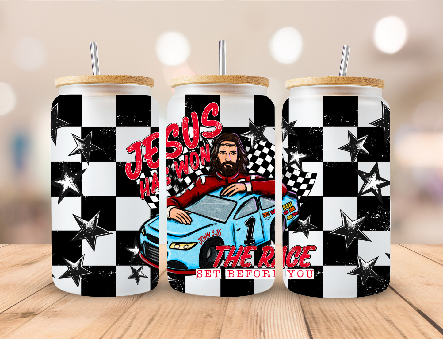 Checkered Jesus Has Won The Race Faith - 16 oz / 20 oz Libby UV DTF Wrap EEE EXCLUSIVVE DESIGN