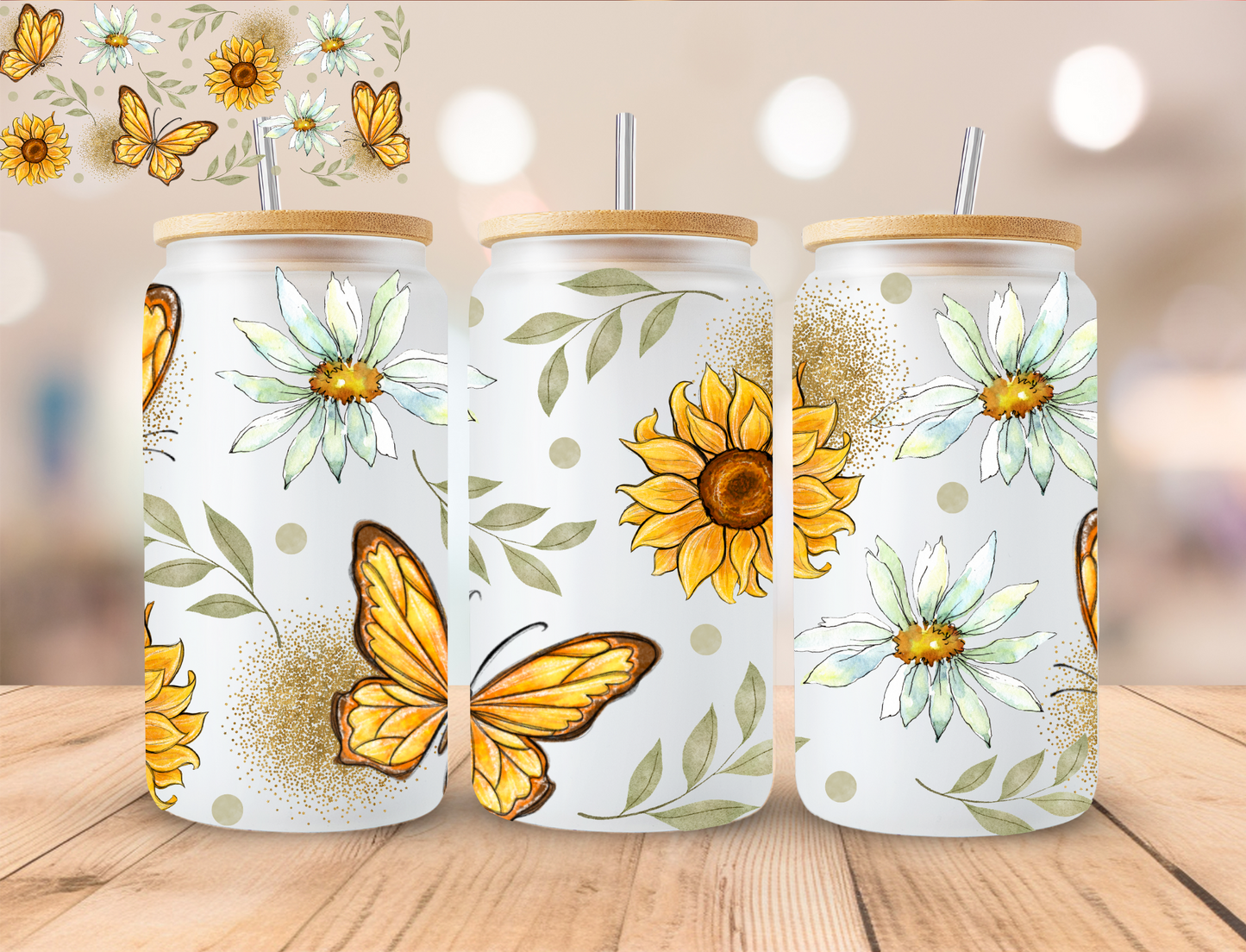 Watercolor Sunflower And Daisies - 16 oz / 20 oz Libby UV DTF Wrap