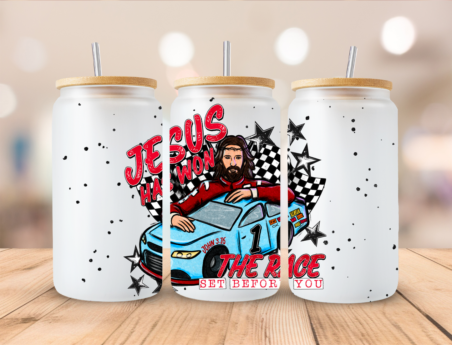 Polka Dot Jesus Has Won The Race Faith - 16 oz / 20 oz Libby UV DTF Wrap EEE EXCLUSIVVE DESIGN