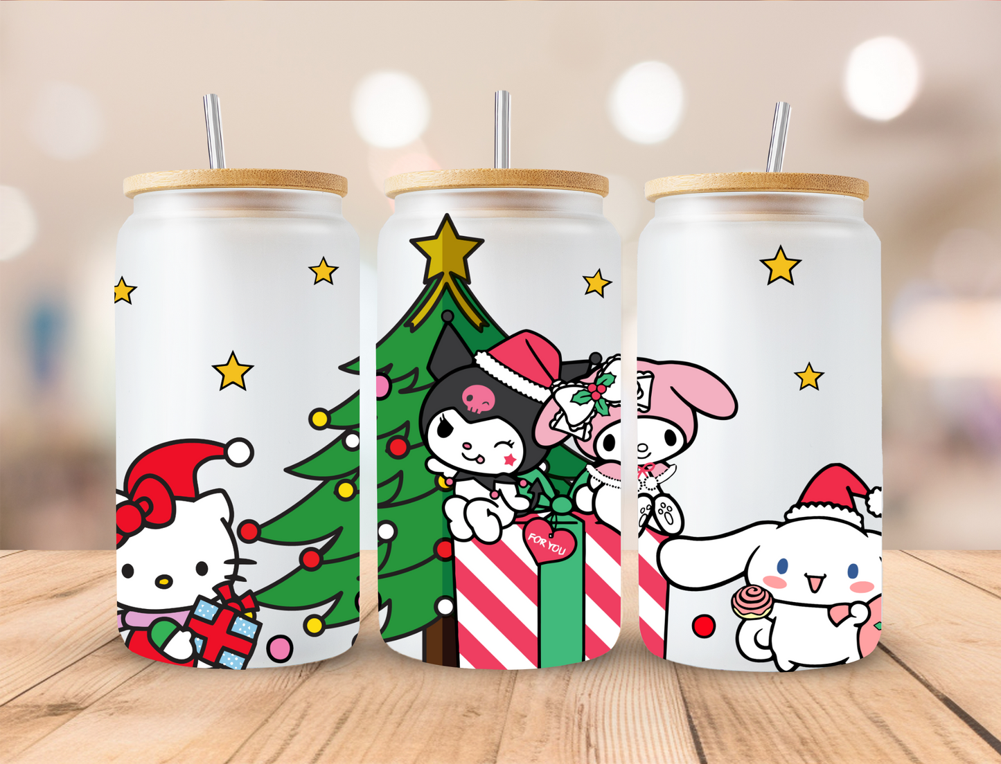 Christmas Kawaii Characters - 16 oz Libby UV DTF Wrap