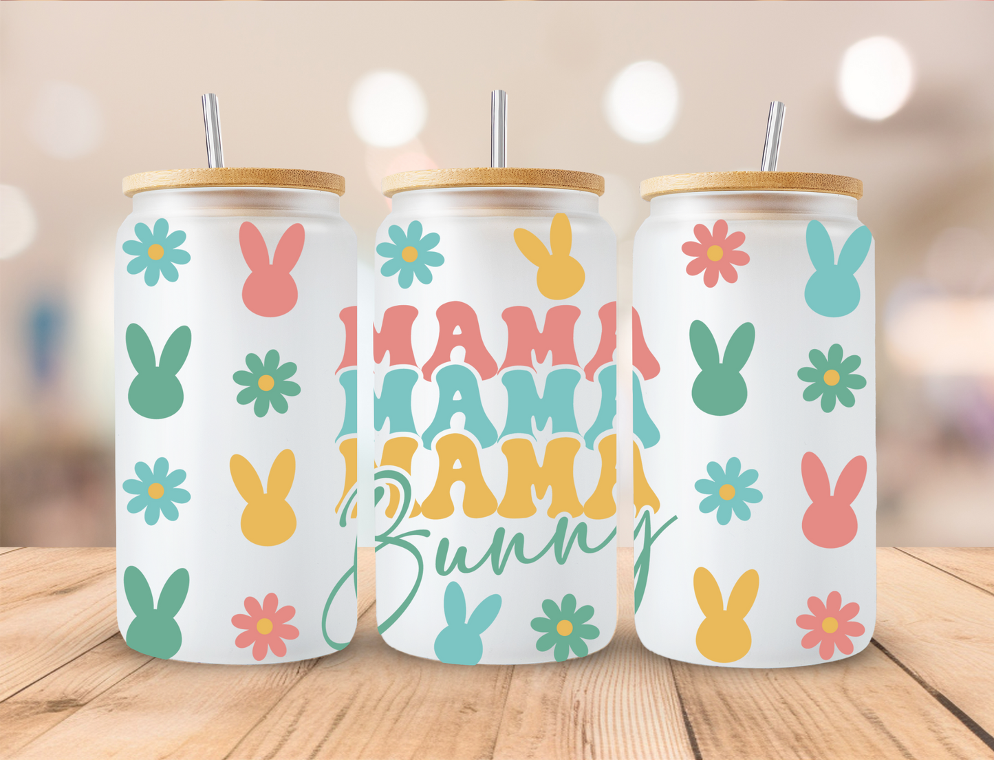 Floral Mama Mama Mama Bunny Easter - 16 oz / 20 oz Libby UV DTF Wrap RTS