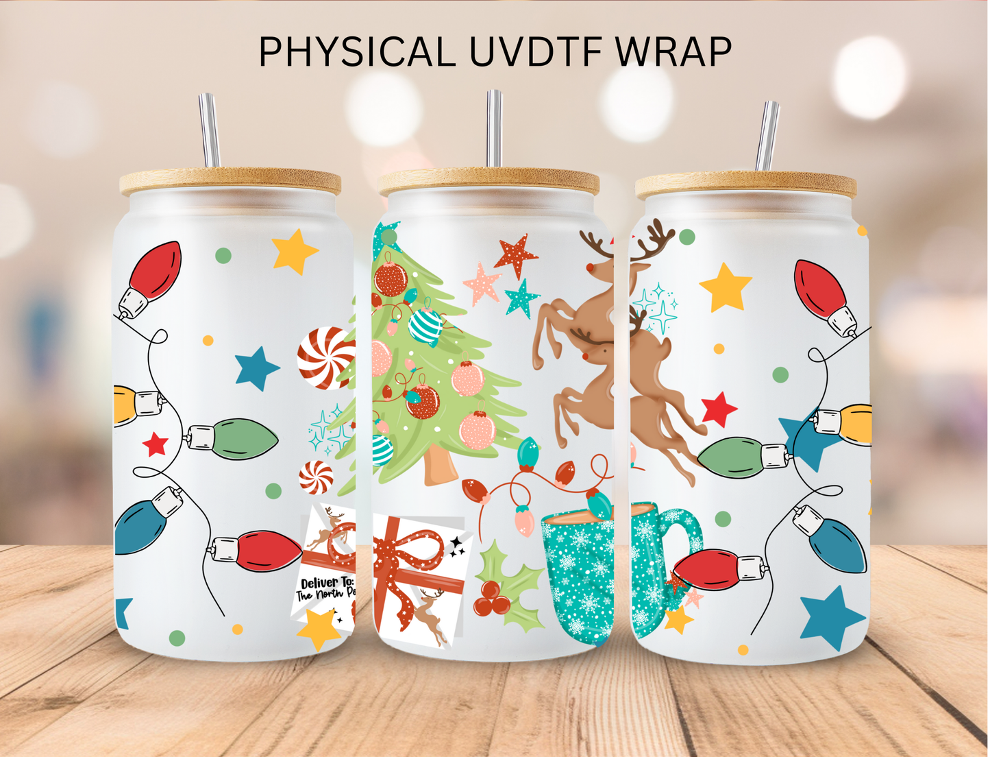 Christmas Colorful Lights and Tree - 16 oz / 20 oz Libby UV DTF Wrap