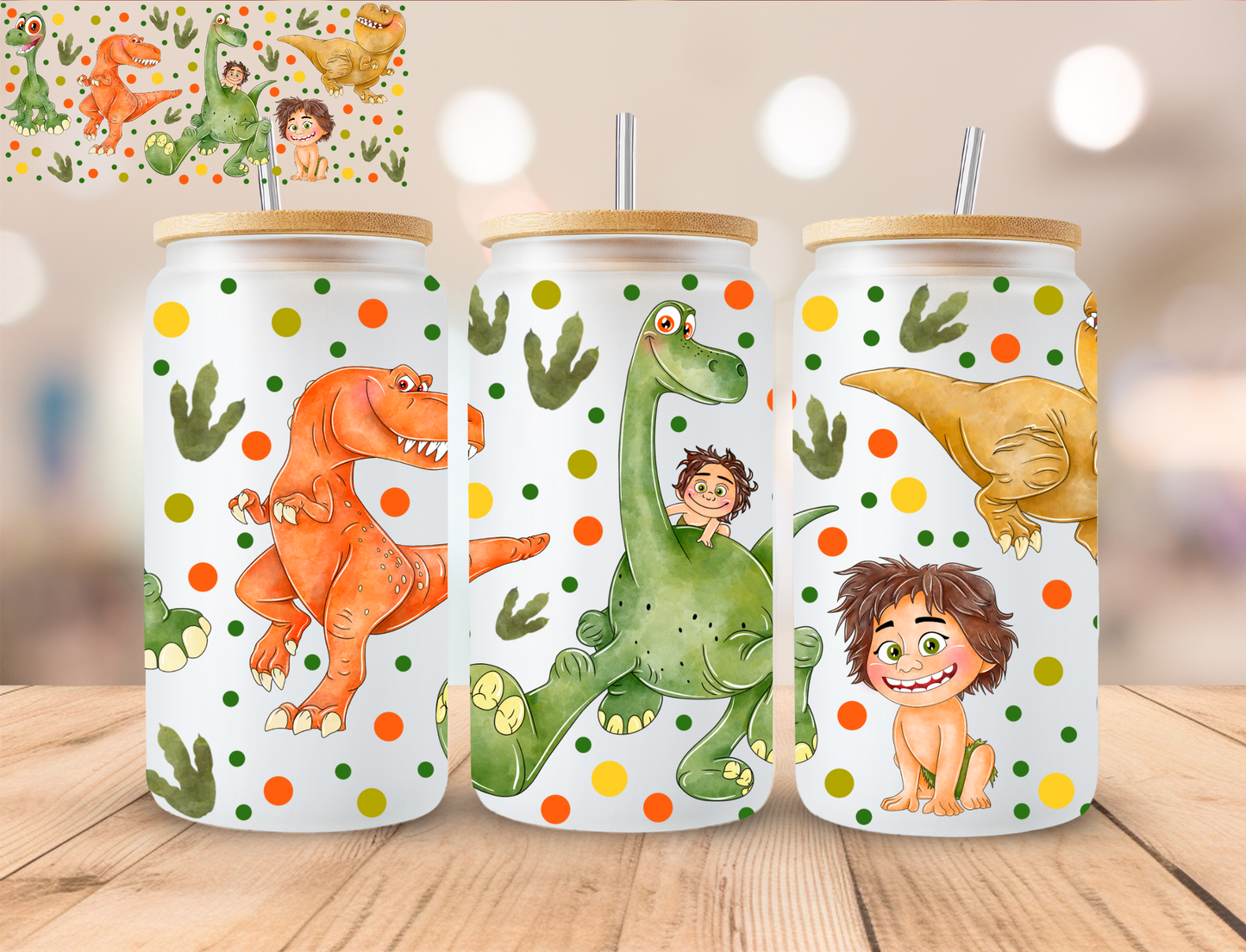 Watercolor Land Before Time Good Dinosaur - 16 oz / 20 oz Libby UV DTF Wrap