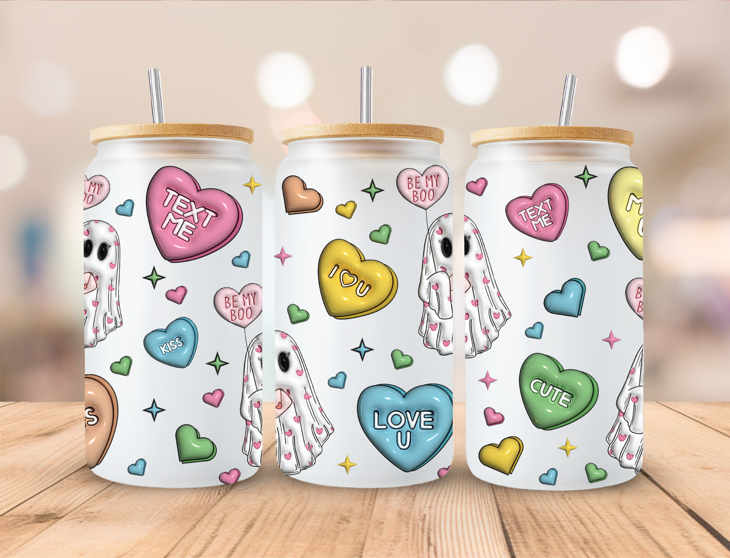 Valentines Bubble Ghost Candy - 16 oz Libby UV DTF Wrap