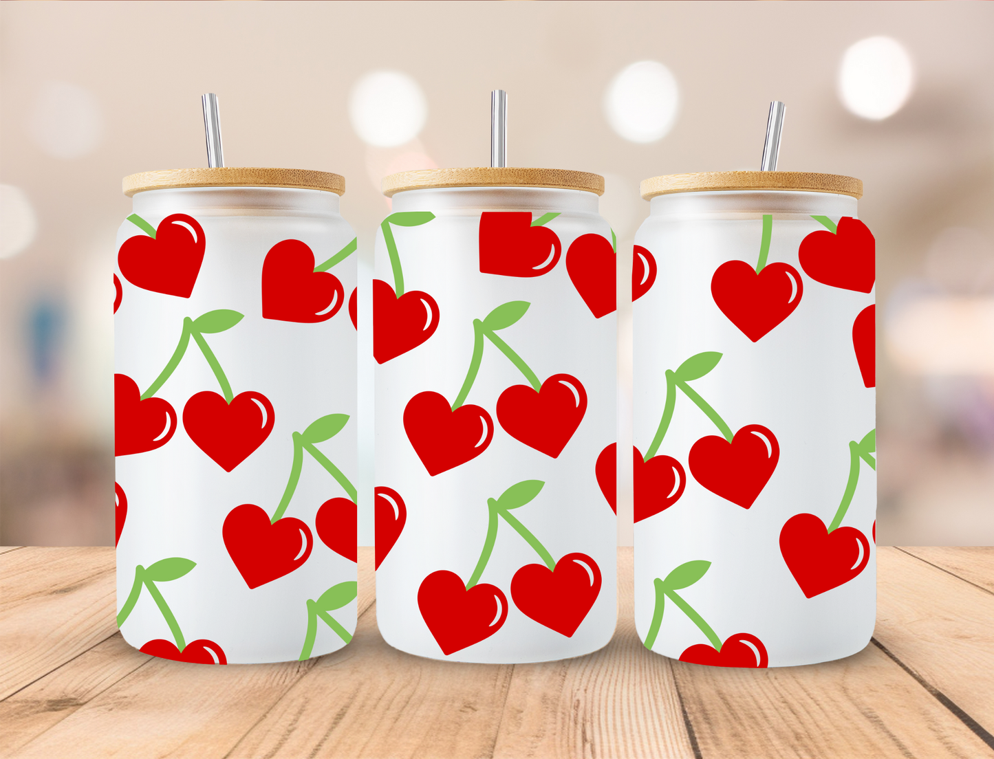 Valentines Heart Cherries - 16 oz / 20 oz Libby UV DTF Wrap