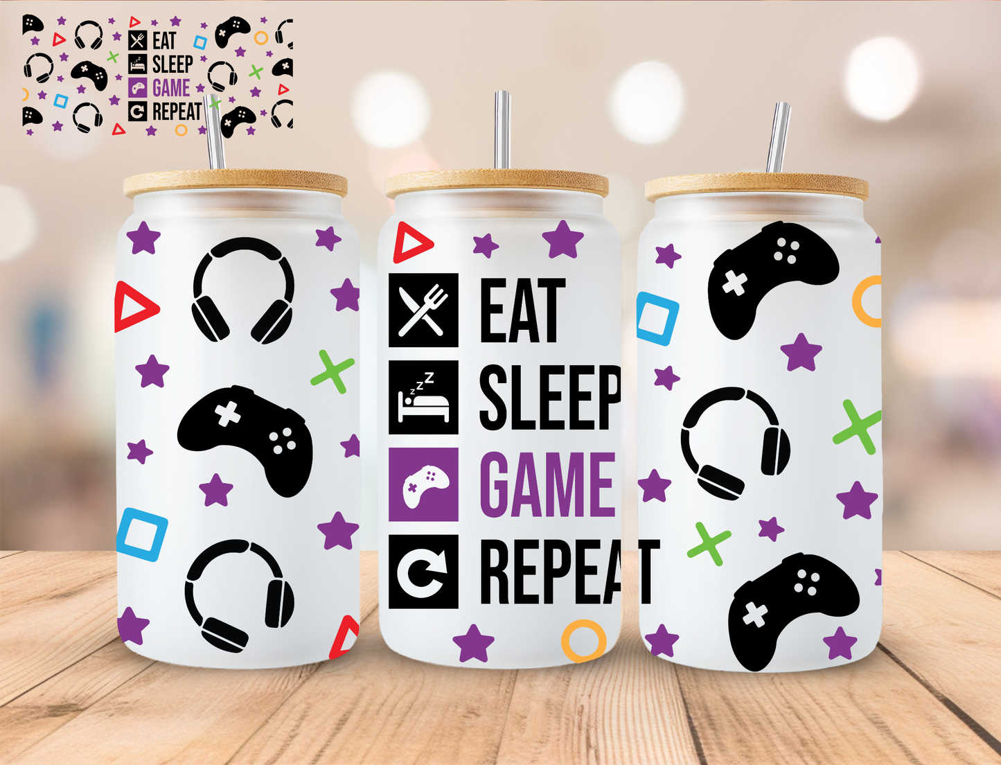 Eat Sleep game Repeat - 16 oz / 20 oz Libby UV DTF Wrap