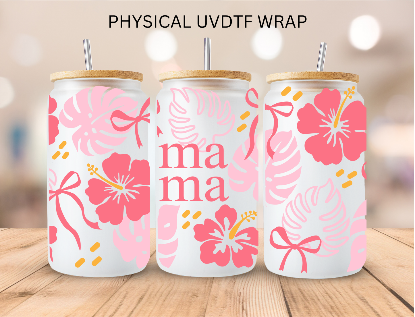 Floral Monstera Ma Ma And Bows Pink- 16 oz / 20 oz Libby UV DTF
