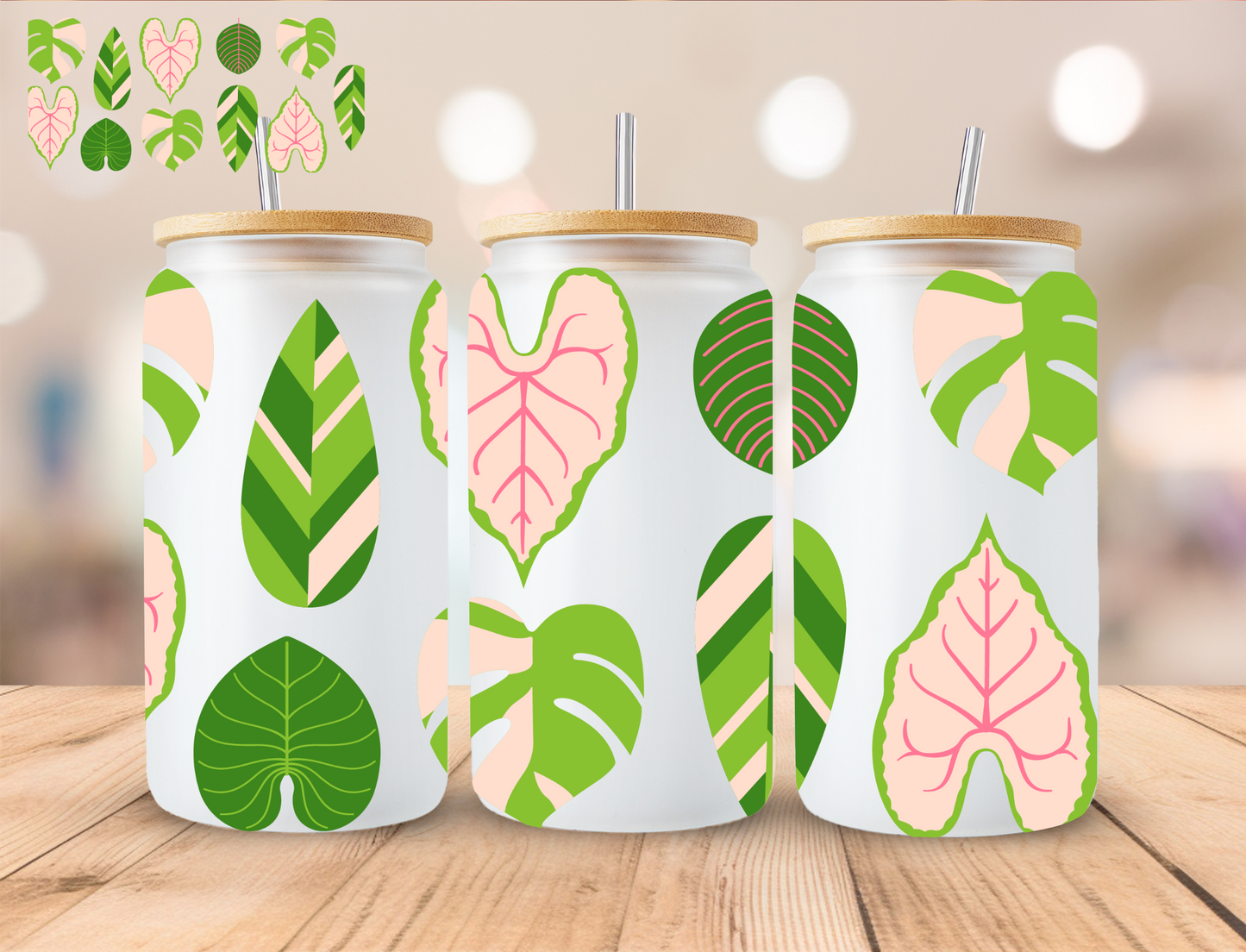 Pink/Green Leaves - 16 oz / 20 oz Libby UV DTF Wrap