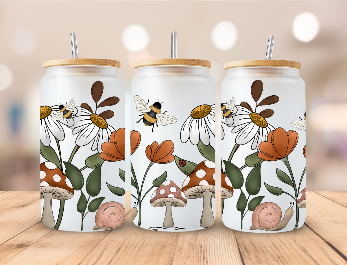Mushrooms Bumlebees and Daisies - 16 oz / 20 oz Libby UV DTF Wrap EXCLUSIVE DESIGN