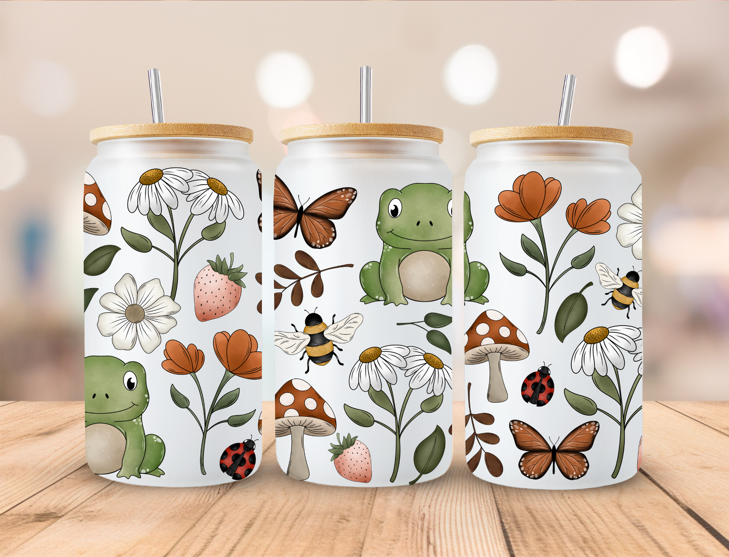 Frog Mushrooms Bumlebees and Daisies - 16 oz / 20 oz Libby UV DTF Wrap EXCLUSIVE DESIGN