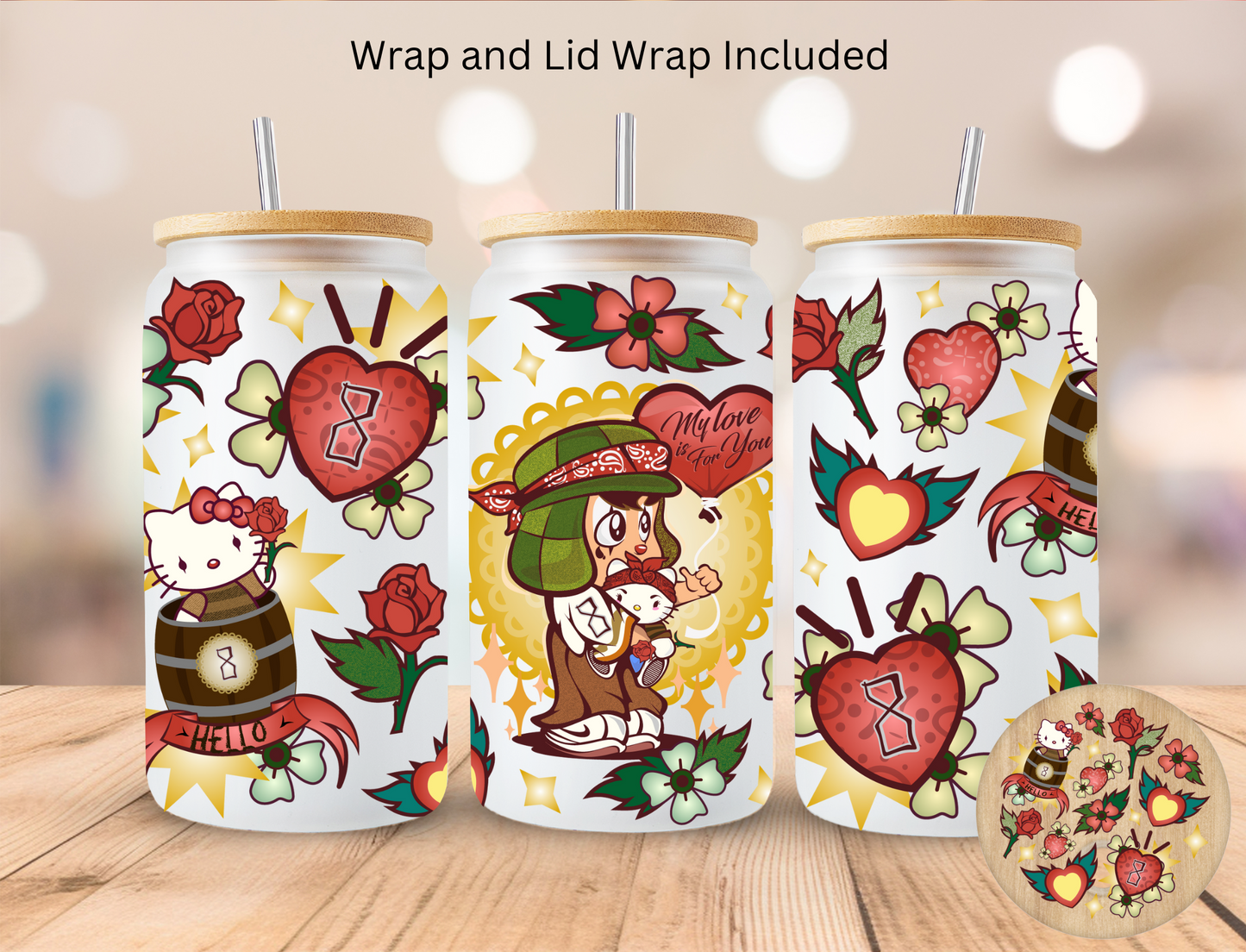 Kitty My Love Is For You - 16 oz / 20 oz Libby UV DTF Wrap and Lid Combo Bundle