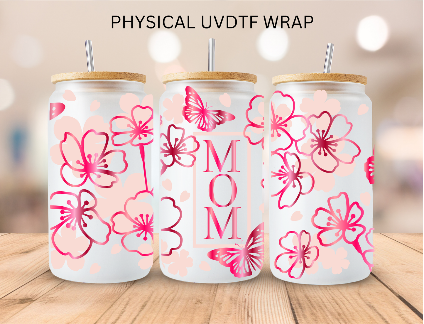Floral MOM And Bows Hot Pink- 16 oz / 20 oz Libby UV DTF